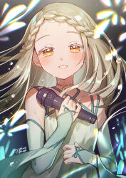 Rule 34 | 1girl, absurdres, blush, braid, braided bangs, commentary request, detached sleeves, dress, floating hair, gakuen idolmaster, glowstick, green dress, highres, holding, holding microphone, idol clothes, idolmaster, jewelry, light brown hair, long hair, looking at viewer, microphone, miyamo (fumifumi no ura), necklace, orange hair, shinosawa hiro, signature, sleeveless, sleeveless dress, smile, solo, sweat, upper body, very long hair