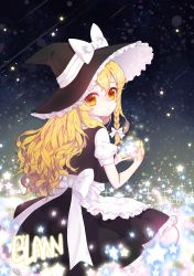 Rule 34 | 1girl, absurdres, apron, artist name, back, blonde hair, bow, braid, from behind, gradient background, hair bow, hair ornament, hat, hat ribbon, highres, kirisame marisa, long hair, looking at viewer, looking back, milcona, puffy sleeves, ribbon, shirt, short sleeves, side braid, single braid, sitting, skirt, skirt set, solo, star (symbol), touhou, vest, waist apron, witch hat, yellow eyes