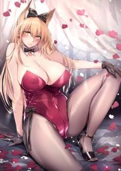Rule 34 | 1girl, animal ears, black bow, black footwear, black gloves, black pantyhose, blonde hair, blush, bow, breasts, covered erect nipples, detached collar, earrings, fox ears, gloves, hair bow, heart, heart earrings, high heels, highres, huge breasts, jewelry, knee up, leotard, long hair, nontraditional playboy bunny, original, pantyhose, petals, playboy bunny, polka dot, polka dot bow, rose petals, shoes, sitting, solo, yellow eyes, yukibuster z