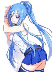 Rule 34 | 1girl, aoki hagane no arpeggio, blue eyes, blue hair, blue thighhighs, commentary request, long hair, looking at viewer, onsoku inu, pleated skirt, ponytail, simple background, skirt, smile, solo, takao (aoki hagane no arpeggio), thighhighs, white background, zettai ryouiki