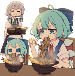 Rule 34 | 3girls, absurdres, ahoge, blue bow, blue dress, blue eyes, blue hair, blush stickers, bow, chair, cirno, closed eyes, closed mouth, collared shirt, dress, dual persona, eating, fairy, food, fork, fumo (doll), grey hair, hair bow, highres, holding, holding fork, ice, ice wings, izayoi sakuya, kame (kamepan44231), multiple girls, noodles, shirt, short hair, short sleeves, simple background, smile, soba, touhou, white background, white shirt, wings