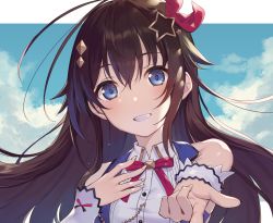 Rule 34 | 1girl, akanebi, bare shoulders, blue eyes, blue sky, bow, bowtie, brown hair, cloud, cloudy sky, commentary request, grin, hair ornament, hand on own chest, highres, hololive, light blush, long hair, looking at viewer, reaching, reaching towards viewer, sky, smile, solo, star (symbol), star hair ornament, tokino sora, tokino sora (1st costume), upper body, virtual youtuber, wrist cuffs