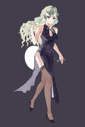 Rule 34 | 1girl, absurdres, alternate costume, aqua eyes, bare shoulders, black dress, black legwear, blonde hair, breasts, cleavage, cleavage cutout, closed mouth, clothing cutout, covered navel, diana cavendish, dress, full body, gradient hair, green hair, grey background, halter dress, halterneck, hand in own hair, high heels, highres, jiangyu zhangyu, light smile, little witch academia, long hair, looking at viewer, medium breasts, multicolored hair, side slit, simple background, sleeveless, solo, streaked hair, thighs, tube, two-tone hair, walking, wavy hair