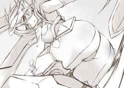 Rule 34 | 1girl, ahoge, arc system works, armor, ass, ass focus, bent over, blazblue, bodysuit, braid, breasts, damaged, dd mayohara, dutch angle, from behind, hair between eyes, large breasts, long hair, looking at viewer, looking back, mecha musume, monochrome, nu-13, parted lips, red eyes, sideboob, sketch, solo, spot color, torn clothes, visor