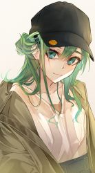 Rule 34 | 1girl, absurdres, alternate hairstyle, aqua eyes, aqua hair, badge, baggy clothes, baseball cap, belt, black hat, collarbone, green jacket, hair behind ear, hair ornament, hairclip, hat, highres, jacket, kantai collection, kumanoko, long hair, looking at viewer, robe, shaded face, simple background, skirt, smile, solo, suzuya (kancolle), upper body, v-neck, white background, white robe