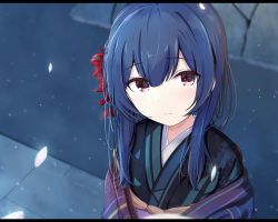Rule 34 | 1girl, akisaka yamoka, blue hair, blue kimono, cherry blossoms, flower, hair flower, hair ornament, idolmaster, idolmaster shiny colors, japanese clothes, kimono, letterboxed, looking at viewer, morino rinze, petals, red eyes, short hair, smile, solo, upper body