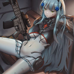Rule 34 | 1girl, armored bodysuit, assault rifle, black bodysuit, blunt bangs, bodysuit, breasts, close-up, commentary, covered navel, cross hair ornament, girls&#039; frontline, green eyes, gun, h&amp;k hk416, hair ornament, hip gear, hk416 (girls&#039; frontline), hk416 (midnight evangelion) (girls&#039; frontline), indoors, large breasts, long hair, magazine (weapon), multicolored bodysuit, multicolored clothes, official alternate costume, persocon93, rifle, scope, shell casing, silver hair, sitting, solo, teardrop facial mark, teardrop tattoo, weapon, white bodysuit