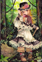 Rule 34 | 1girl, alternate costume, bamboo broom, blonde hair, boots, braid, broom, brown eyes, cape, dress, female focus, flower, forest, frills, full body, hair flower, hair ornament, hand on headwear, hat, hat flower, head tilt, kirisame marisa, long hair, mosho, nature, outdoors, painting (medium), perfect cherry blossom, scarf, signature, smile, solo, standing, touhou, traditional media, tree, watercolor (medium)