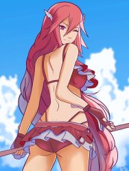 Rule 34 | 1girl, ass, bare shoulders, bikini, bikini skirt, blue sky, blush, breasts, cleavage, cordelia (fire emblem), fire emblem, fire emblem awakening, fire emblem heroes, frills, gloves, hair ornament, highres, long hair, looking at viewer, medium breasts, nintendo, one eye closed, polearm, red bikini, red eyes, red hair, shell, sky, small breasts, smile, solo, spear, standing, swimsuit, tommy (kingdukeee), very long hair, weapon, wink