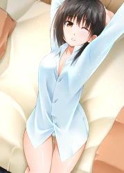 Rule 34 | 1girl, ;o, arms up, bad id, bad nicoseiga id, bed, bed sheet, blanket, blue panties, blue shirt, blush, breasts, brown eyes, brown hair, buttons, cleavage, collarbone, cowboy shot, dress shirt, eyebrows, highres, indoors, lips, long sleeves, looking at viewer, no pants, on bed, one eye closed, open mouth, original, panties, parted lips, pillow, shirt, short hair, sitting, solo, stretching, sumeragi tomo, thigh gap, thighs, tsurime, underwear, waking up