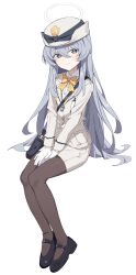 Rule 34 | 1girl, black footwear, black thighhighs, blue archive, closed mouth, collared shirt, extra, gloves, grey eyes, grey hair, hair between eyes, halo, hat, highres, long hair, long sleeves, looking at viewer, shirt, shoes, simple background, solo, tamago (eva1314056), thighhighs, white background, white gloves, white hat, white shirt