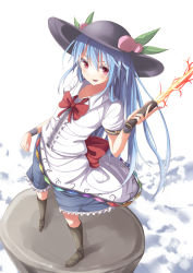 Rule 34 | 1girl, blue hair, boots, cloud, colored eyelashes, female focus, flat chest, food, fruit, gurasion (gurasion), hat, highres, hinanawi tenshi, keystone, leaf, long hair, looking at viewer, open mouth, peach, red eyes, skirt, smile, solo, sword of hisou, touhou, wrist cuffs