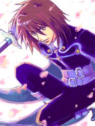 Rule 34 | 00s, 1boy, brown eyes, brown hair, cherry blossoms, kneeling, kratos aurion, male focus, short hair, solo, sword, tales of (series), tales of symphonia, weapon, white background