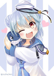 Rule 34 | &gt; o, 1girl, ;d, animal, blue hair, blue neckerchief, blue sailor collar, blush, commentary, commentary request, dixie cup hat, double bun, english commentary, fang, grin, hair bun, hat, head tilt, heart, holding, holding animal, kantai collection, little blue whale (kancolle), long sleeves, medal, military hat, mixed-language commentary, navy cross, neckerchief, one eye closed, open mouth, red eyes, roshi chen, sailor collar, sailor hat, sailor shirt, samuel b. roberts (kancolle), shirt, short hair, skin fang, smile, solo, standing, striped, striped background, twitter username, upper body, vertical stripes