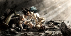 Rule 34 | 1boy, 1girl, angry, aqua hair, bad id, bad pixiv id, bandage on face, bandaged arm, bandaged leg, bandages, black hair, blood, blood on face, broken, bulma, clenched teeth, cuts, dragon ball, dragonball z, eye contact, gears, hairband, hand grab, heads together, highres, injury, jumpsuit, light rays, looking at another, no shirt, robot, rubble, shirt, shorts, signature, spiked hair, sunlight, tank top, teeth, tied shirt, uirina, vegeta, wire