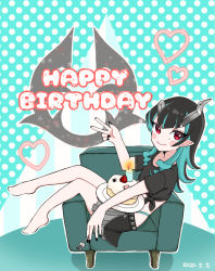 Rule 34 | 1girl, nanashi inc., armchair, barefoot, black hair, black nails, black shirt, black skirt, blue hair, blush, bug, cake, candle, chair, closed mouth, commentary request, crop top, dated, demon girl, demon horns, fang, flat chest, food, fork, fruit, full body, grey skirt, happy birthday, heart, holding, holding fork, horns, layered skirt, long hair, looking at viewer, multicolored hair, nail polish, pointy ears, polka dot, polka dot background, red eyes, shirt, shishio chris, short sleeves, sitting sideways, skin fang, skirt, smile, solo, spider, strawberry, sugar lyric, t-shirt, tamotsu (mary), two-tone hair, v, virtual youtuber, zipper skirt