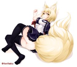 Rule 34 | 1girl, animal ear fluff, animal ears, ass, black thighhighs, blonde hair, fox ears, fox tail, frills, full body, lace, lace-trimmed shirt, lace-trimmed skirt, lace trim, lying, no panties, on side, open mouth, original, sailor collar, shirt, short hair, short sleeves, simple background, skirt, solo, tail, thighhighs, torigoe takumi, twitter username, white background, yellow eyes