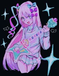 Rule 34 | 1girl, :d, alternate costume, alternate hairstyle, black background, blonde hair, blue bow, blue eyes, blue hair, blue jacket, bow, chouzetsusaikawa tenshi-chan, commentary request, cropped legs, guitar, hair bow, hand up, highres, holding, holding guitar, holding instrument, instrument, jacket, long hair, long sleeves, looking at viewer, multicolored hair, needy girl overdose, one side up, open mouth, pink bow, pink hair, pleated skirt, purple bow, skirt, smile, solo, sparkle, standing, very long hair, x x (batttsu 404)