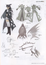 Rule 34 | 1girl, ahoge, belt, black hair, boots, bow, cape, character sheet, concept art, elf, female focus, hair ornament, highres, ascot, lace, laces, lineart, long coat, long hair, long sleeves, midriff, miniskirt, partially colored, pointy ears, ribbon, shining (series), shining wind, skirt, solo, sword, thighhighs, tony taka, weapon, white background, white thighhighs, xecty ein, zettai ryouiki