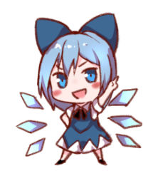 Rule 34 | 1girl, :d, arm up, black footwear, black ribbon, blue bow, blue dress, blue eyes, blue hair, blush, bow, chibi, cirno, commentary request, dress, full body, hair bow, hand on own hip, ice, ice wings, index finger raised, looking at viewer, lowres, neck ribbon, open mouth, pinafore dress, ribbon, shoes, short hair, simple background, sleeveless dress, smile, snozaki, solo, standing, touhou, v-shaped eyebrows, white background, wings
