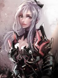 Rule 34 | 10s, 1girl, aranea highwind, armor, bad id, bad pixiv id, bow, breasts, cleavage, final fantasy, final fantasy xv, green eyes, grey eyes, grey hair, hair bow, haruhito1211, large breasts, lips, long hair, sidelocks, solo, upper body