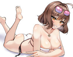 Rule 34 | 1girl, ahoge, anis (nikke), anis (sparkling summer) (nikke), arm rest, ass, bare shoulders, barefoot, bikini, breasts, breath, brown eyes, brown hair, eyepatch bikini, eyewear on head, foot out of frame, goddess of victory: nikke, grin, highres, jewelry, large breasts, looking at viewer, lying, on stomach, pendant, sekkno, side-tie bikini bottom, simple background, skindentation, smile, solo, sunglasses, swimsuit, the pose, white background, white bikini