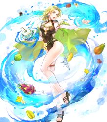 Rule 34 | 1girl, bare arms, blonde hair, blue eyes, breasts, cape, cleavage, coconut, collarbone, drinking straw, earrings, feet, female focus, fire emblem, fire emblem: the sacred stones, fire emblem heroes, flower, food, fruit, fruit cup, full body, green cape, high heel sandals, highleg, highleg swimsuit, highres, holding, jewelry, long hair, looking at viewer, medium breasts, nintendo, official art, one-piece swimsuit, open mouth, parted bangs, parted lips, sandals, seashell, selena (fire emblem: the sacred stones), selena (summer) (fire emblem: the sacred stones), shell, shiny skin, solo, swimsuit, thigh strap, thighs, toeless footwear, toes, transparent background, wada sachiko, water