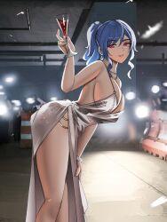 1girl absurdres azur_lane backless_dress backless_outfit bare_shoulders blue_hair blurry blurry_background breasts car cleavage cowl_neck cup dress earrings evening_gown feet_out_of_frame from_side grey_dress highres holding holding_cup indoors jewelry large_breasts leaning_forward looking_at_viewer motor_vehicle notgustiarp official_alternate_costume parted_lips red_eyes revealing_clothes sidelocks solo st._louis_(azur_lane) st._louis_(luxurious_wheels)_(azur_lane) teeth thighs