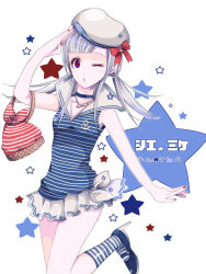 Rule 34 | 1girl, alternate costume, ari (pixiv), bag, choker, female focus, gensou suikoden, gensou suikoden ii, hat, high heels, jewelry, long hair, miniskirt, nail polish, necklace, one eye closed, red eyes, sailor, sailor hat, salute, shoes, sierra mikain, silver hair, skirt, socks, solo, striped clothes, striped socks, twintails, uniform, white background, wink