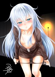 Rule 34 | 1girl, blue eyes, blush, breasts, collarbone, commentary request, dog tags, downblouse, eyes visible through hair, gluteal fold, hair in own mouth, hibiki (kancolle), kantai collection, lamp, long hair, looking at viewer, nipples, panties, panty pull, signature, silver hair, small breasts, solo, underwear, very long hair, yua (checkmate)