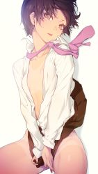 Rule 34 | 1girl, beige background, between thighs, black hair, breasts, brown eyes, brown skirt, collared shirt, covered erect nipples, dress shirt, head tilt, highres, long sleeves, looking at viewer, necktie, nilitsu, no panties, open clothes, open shirt, original, pink necktie, shirt, short hair, simple background, skirt, skirt tug, small breasts, solo, tan, tanline, white shirt