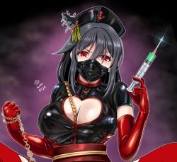 Rule 34 | alternate costume, anchor symbol, bdsm, black hair, black headwear, breasts, chain, cleavage, cleavage cutout, clothing cutout, commentary request, dated, dominatrix, elbow gloves, gloves, hair ornament, heart cutout, kantai collection, large breasts, mask, mouth mask, nurse, out-of-frame censoring, red eyes, red gloves, short hair, signature, syringe, tk8d32, yamashiro (kancolle)