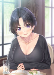 Rule 34 | 1girl, :d, black eyes, black hair, black sweater, blurry, blush, breasts, chair, cleavage, collarbone, commentary request, crossed arms, cup, depth of field, drinking glass, earrings, highres, ice, jewelry, large breasts, looking at viewer, menu, necklace, open mouth, original, restaurant, short hair, smile, solo, sweater, table, water, window, yamakaze ran