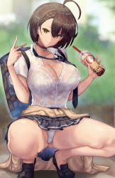 Rule 34 | 1girl, ahoge, alternate costume, asymmetrical bangs, azur lane, bag, baltimore (after-school ace) (azur lane), baltimore (azur lane), black hair, black necktie, black skirt, blurry, blurry background, bra, bra visible through clothes, braid, breasts, brown sweater, bubble tea, cardigan, cardigan around waist, choker, cleavage, closed mouth, clothes around waist, collarbone, collared shirt, double w, french braid, gluteal fold, green eyes, hair between eyes, highres, lace, lace-trimmed bra, lace-trimmed panties, lace trim, large breasts, loafers, looking at viewer, loose necktie, necktie, no socks, outdoors, panties, pleated skirt, revision, satou daiji, school bag, school uniform, see-through, shirt, shoes, short hair, short sleeves, shoulder bag, skirt, smile, solo, spread legs, squatting, string panties, sweat, sweater, sweater around waist, thick thighs, thighs, underwear, w, wet, wet clothes, white bra, white panties, white shirt
