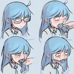 Rule 34 | 1girl, absurdres, bdsm, blue eyes, blue glasses, blue necktie, dildo gag, drooling, fellatio, gag, glasses, heart-shaped choker, highres, long hair, necktie, nradiowave, one eye closed, oral, original, runny makeup, saliva, sequential, shirt, simulated fellatio, solo focus, tongue, tongue out