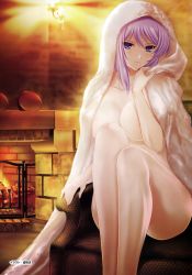 Rule 34 | 1girl, absurdres, blue eyes, blush, breasts, brick, chair, cleavage, convenient censoring, cryska barchenowa, fire, fireplace, highres, huge breasts, indoors, knees up, legs, legs together, muv-luv, muv-luv alternative, muv-luv total eclipse, nude, plate, purple hair, sitting, solo, thighs, towel, towel on head, utsugi ryou