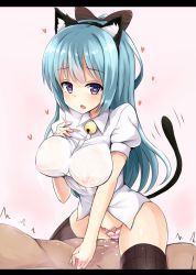 Rule 34 | 1boy, 1girl, animal ears, bad id, bad pixiv id, bell, black thighhighs, blue eyes, blue hair, bow, breasts, cat ears, cat tail, covered erect nipples, cowgirl position, fake animal ears, girl on top, hair bow, heart, highres, large breasts, long hair, nipples, no bra, no pants, ocha (ochappie), open mouth, original, panties, ponytail, see-through, shirt, straddling, striped clothes, striped panties, striped thighhighs, tail, thighhighs, underwear, very long hair
