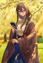 Rule 34 | 1girl, absurdres, autumn leaves, blue skirt, braid, brown eyes, brown hair, cellphone, ginkgo tree, hair between eyes, hair ribbon, highres, hitomin (ksws7544), holding, holding phone, jewelry, long hair, necklace, original, phone, red ribbon, ribbed sweater, ribbon, shoal, sidelocks, signature, single braid, skirt, smartphone, solo, sweater, turtleneck, turtleneck sweater, white sweater