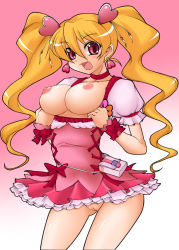 Rule 34 | 00s, 1girl, blonde hair, breasts, choker, cure peach, drill hair, earrings, fresh precure!, hair ornament, jewelry, large breasts, long hair, magical girl, masakichi (heppouku), momozono love, nipples, no panties, pink eyes, precure, pussy, ribbon, smile, solo, twintails, uncensored