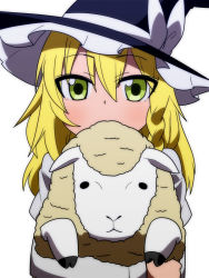 Rule 34 | 1girl, akeome, animal, blonde hair, bow, braid, carrying, female focus, green eyes, hair between eyes, happy new year, hat, hat bow, jeno, kirisame marisa, long sleeves, looking at viewer, new year, pun, sheep, simple background, single braid, solo, touhou, upper body, white background, witch, witch hat