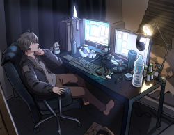Rule 34 | 1boy, absurdres, bottle, brown hair, brown pants, bymjim, chain, closed mouth, commentary, covered eyes, curtains, desk lamp, desktop, english commentary, grey shirt, hair over eyes, headphones, highres, indoors, jacket, computer keyboard, lamp, long sleeves, messy room, monitor, computer mouse, original, pants, shirt, short hair, sitting, solo, table, wire