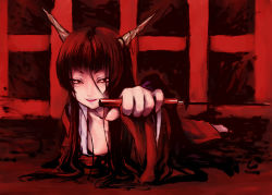 Rule 34 | 1girl, demon, half-closed eyes, horns, japanese clothes, kimono, knife, original, pokomi, red theme, short sword, solo, sword, tantou, weapon