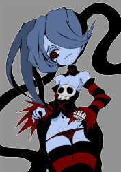 Rule 34 | 1girl, bad id, bad pixiv id, bare shoulders, blue hair, blue skin, colored skin, detached collar, detached sleeves, flat chest, grey background, hair over one eye, leviathan (skullgirls), long hair, lowleg, lowleg panties, navel, noda rejinu, panties, red eyes, side ponytail, skull, skullgirls, solo, squigly (skullgirls), stitched mouth, stitches, striped clothes, striped panties, striped sleeves, striped thighhighs, thigh gap, thighhighs, underwear, zombie