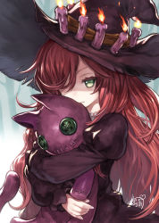 Rule 34 | 10s, 1girl, anna (granblue fantasy), black dress, buttons, candle, capriccio, dress, fire, granblue fantasy, green eyes, hair over one eye, hat, hibanar, hug, juliet sleeves, long hair, long sleeves, looking at viewer, puffy sleeves, red hair, solo, stitched mouth, stitches, stuffed toy, witch hat
