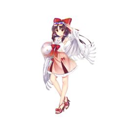 Rule 34 | 1girl, adapted costume, adjusting eyewear, balloon, bow, bowtie, brown eyes, brown footwear, closed mouth, contrapposto, detached sleeves, eyewear on head, floral print, full body, game cg, hair bow, hair tubes, hakurei reimu, hakurei reimu (leisurely shrine maiden of paradise), hand on eyewear, high heels, highres, looking at viewer, red bow, red bowtie, red skirt, rotte (1109), shirt, sidelocks, simple background, skirt, smile, solo, sunglasses, third-party source, touhou, touhou lostword, white background, white shirt, wide sleeves, yin yang, yin yang print