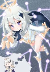 Rule 34 | 1girl, :3, absurdres, blue eyes, blush, cape, dreaming, dress, genshin impact, halo, hand on own cheek, hand on own face, highres, looking at viewer, paimon (genshin impact), scarf, short hair, umyao omattya, white dress, white hair