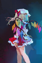 Rule 34 | 1girl, absurdres, arm at side, blonde hair, bow, crystal, dark background, facing away, feet out of frame, flandre scarlet, floating hair, frills, from behind, hair bow, hat, highres, long hair, miniskirt, mob cap, nail polish, no lineart, petticoat, red bow, red nails, red skirt, reddizen, side ponytail, skirt, solo, standing, touhou, white hat, wings, wrist cuffs