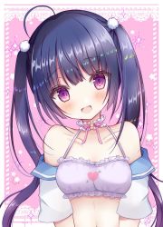 Rule 34 | 1girl, :d, ahoge, bare shoulders, blue hair, blush, bra, breasts, choker, collarbone, commentary request, frilled bra, frilled choker, frills, halterneck, head tilt, heart, heart print, kiyui (honey citron), long hair, looking at viewer, medium breasts, navel, off shoulder, open clothes, open mouth, open shirt, original, purple bra, purple eyes, shirt, short sleeves, smile, solo, sparkle, stomach, twintails, underwear, upper body, white shirt
