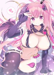 Rule 34 | 1girl, \||/, anneliese, areola slip, arm at side, bare shoulders, black panties, black thighhighs, blush, breasts, cleavage, closed mouth, commentary, cowboy shot, crown, curled horns, curvy, demon girl, demon horns, demon tail, demon wings, detached collar, detached sleeves, floating hair, hair ribbon, hand up, heart, heart-shaped ornament, heart o-ring, highres, horns, huge breasts, kimagure temptation, light particles, long hair, looking at viewer, midriff, mini crown, navel, o-ring, o-ring thigh strap, panties, pink background, pink eyes, pink hair, ribbon, simple background, sleeves past wrists, smile, solo, sparkle, speech bubble, split mouth, spoken heart, sukonbu385, tail, thick thighs, thigh gap, thigh strap, thighhighs, thighs, twintails, underwear, very long hair, wide hips, wings