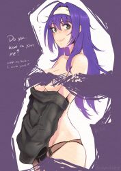 Rule 34 | 1girl, ahoge, black panties, black sweater, breasts, commentary, cowboy shot, fire emblem, fire emblem: path of radiance, fire emblem: radiant dawn, hairband, highres, looking at viewer, medium breasts, mia (fire emblem), nintendo, panties, purple eyes, purple hair, solo, standing, sweater, symbol-only commentary, underwear, vialnite, white hairband
